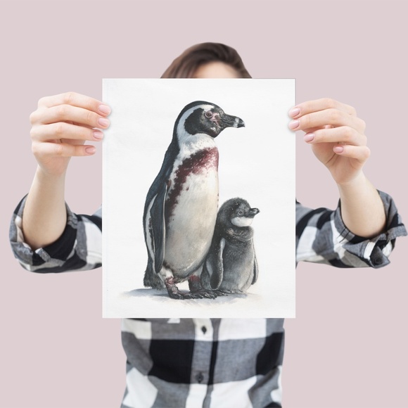 Watercolor Humboldt Penguin with its Babe Wall Art Print Unframed - Regal Arctic - Picture 4 of 7